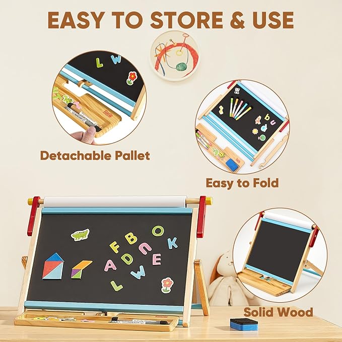 FUNLIO Anti-Warping Tabletop Easel for Kids Ages 3+ (100+ Pcs), Wooden Double-Sided Magnetic Table Easel with 3 Adjustable Angles, Kids Easel with Whiteboard, Chalkboard & Paper Roll, Foldable - Blue