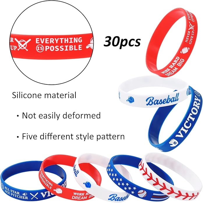 AnyDesign 30Pcs Baseball Silicone Rubber Bracelets Motivational Baseball Bracelet Wristbands 5 Designs Rubber Wristband for Baseball Theme Party Sport Prize Birthday Gift Party Favor Accessories