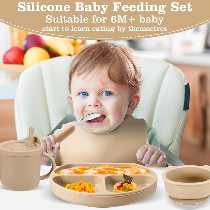 Silicone Baby Feeding Set, Baby Led Weaning Supplies with Suction Bowl Divided Plate, Toddler Self Feeding Dish Set with Spoons Forks Sippy Cup Adjustable Bib, Eating Utensils for 6+ Months(Khaki)