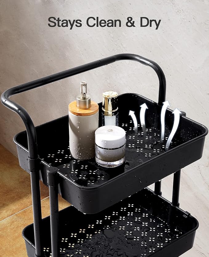 Pipishell 3 Tier Rolling Cart with Wheels - Metal Rolling Cart Organizer with 3 Hanging Cups & 4 Hooks - Art Carts Organizer for Office, Kitchen, Craft Room, Bedroom, Bathroom, Laundry Room (Black)