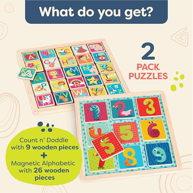 B. toys- Puzzle Pals- Magnetic Wooden Puzzles – Alphabet Puzzle & Number Puzzle – Double-Sided Puzzles & Chalkboards – Educational Toys for Kids – 3 Years +