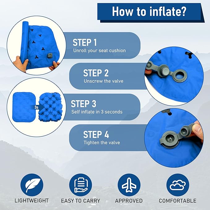 BreezCamp Inflatable Seat Cushion, Lightweight Stadium Seat Pad, Camping Accessories Chair Pad for Airplane Travel, Hiking, Climbing, Home and Office,Blue