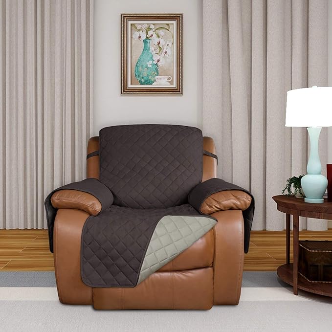 PureFit Reversible Quilted Oversized Recliner Sofa Cover, Water Resistant Furniture Protector, Washable Couch Cover with Elastic Straps for Kids, Dogs, Pets (Large, Chocolate/Beige)