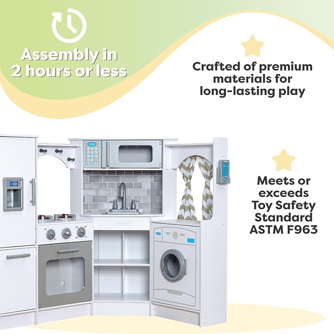 KidKraft Ultimate Corner Wooden Play Kitchen with Lights & Sounds, Play Phone and Curtains, White