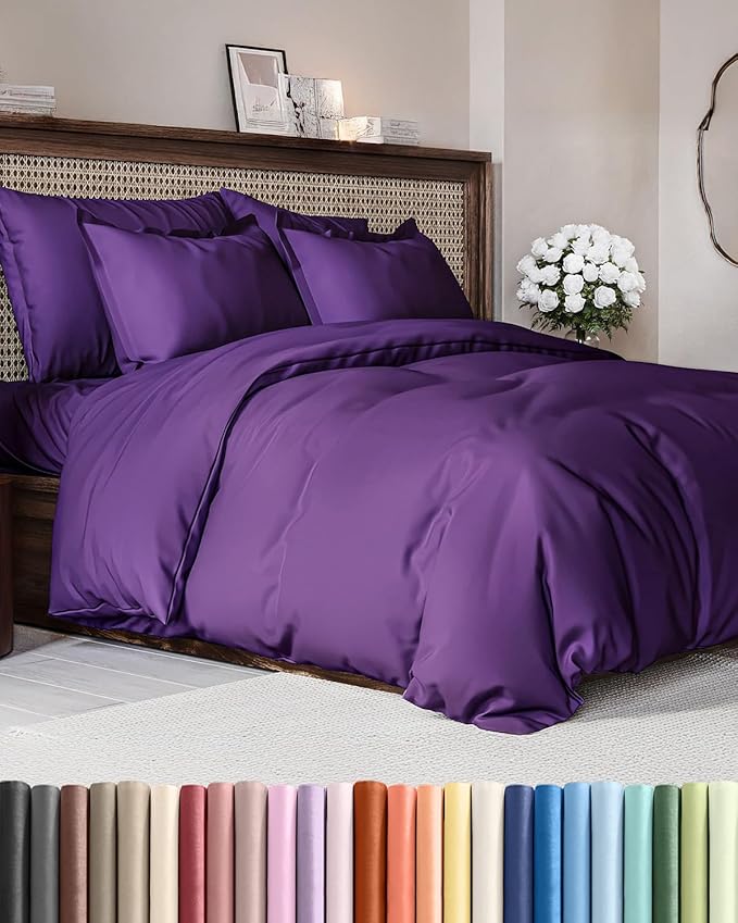 Duvet Cover Full Size Set - Extra Soft Full Size Duvet Cover 80 x 90 with 2 Pillow Shams - Hotel Luxury, Easy Care and Fade Free with Zipper Closures & Ties - Comfy, Breathable Bedding Set (Purple)