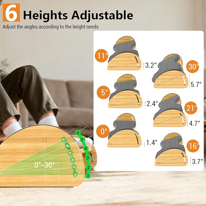 Bamboo Foot Rest for Under Desk at Work - 3-in-1 Reversible Rocking Under Desk Footrest with Foam Cushion and 6 Adjustable Heights, Ergonomic Foot Rest with Washable Cover for Home, Office and Gaming