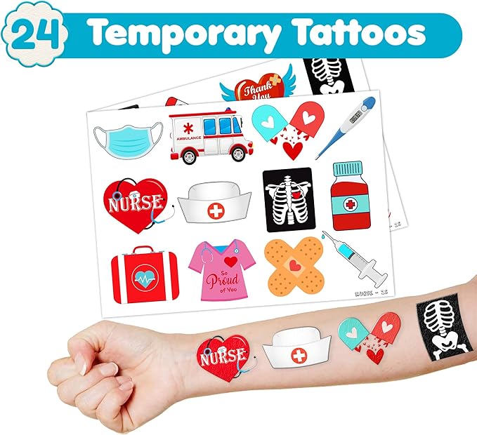 48 PCS Nurse Party Favors 24PCS Tattoos Sticker 24PCS Slap Bracelets Wristbands Perfect for Themed Birthday Party Favors Baby Showers or Classroom Rewards Ideal Decor and Gifts for Girls and Boys