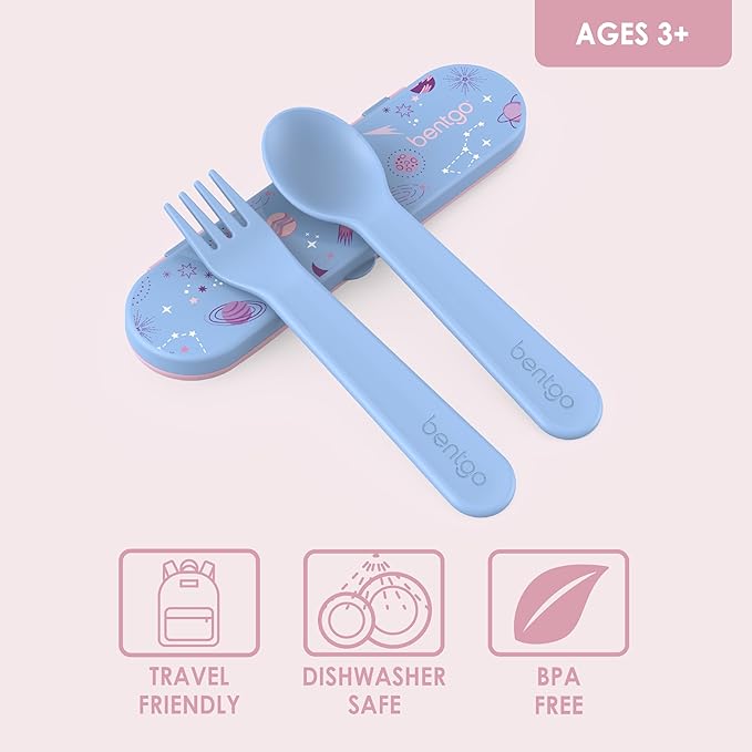 Bentgo Kids Utensil Set - Reusable Plastic Fork, Spoon & Storage Case - BPA-Free Materials, Easy-Grip Handles, Dishwasher Safe - Ideal for School Lunch, Travel, & Outdoors (Lavender Galaxy)