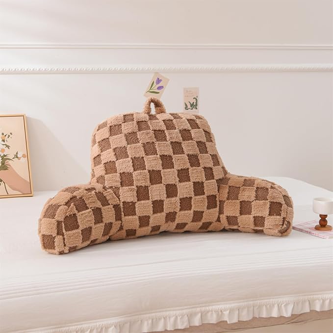 Aimuan Checkered Reading Pillow Bed Rest Wedge Backrest Checkerboard Pillow with Arms Back Support for Sitting Up in Bed Cushion Incline Rest Sleeping Snoring Pillow (Khaki,Standard)