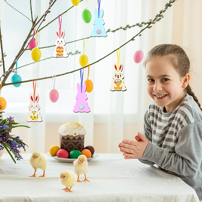 24 Pack Wooden Easter Bunny Craft for Kids Make You Own Easter Rabbit Hanging Ornaments DIY Easter Art and Craft for Girls Boys Art Project Easter Gifts Easter Decoration