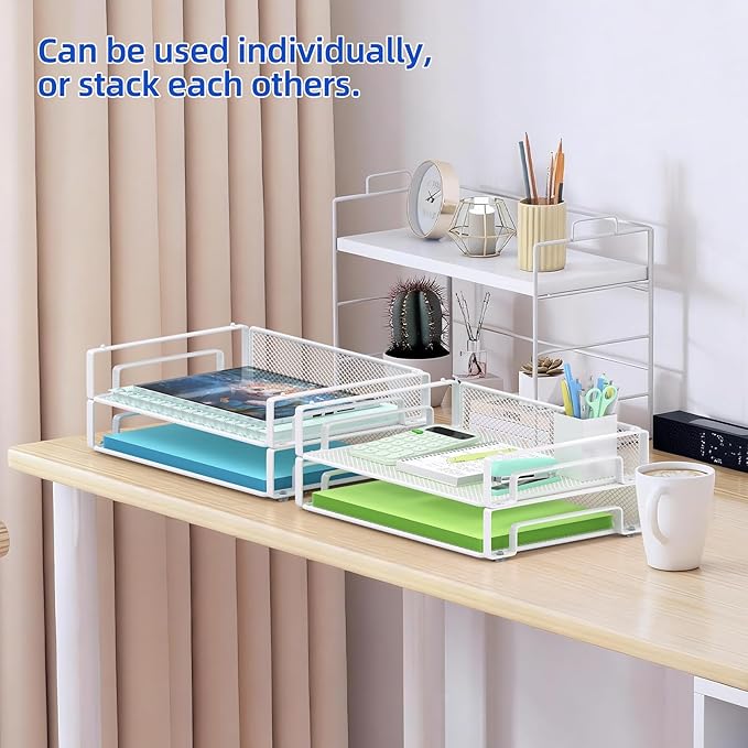 Samstar 4 Pack White Stackable Letter Paper Tray, Desk File Organizer Paper Sorter for Letter/A4 Size Folders Documents, Mesh Made,White