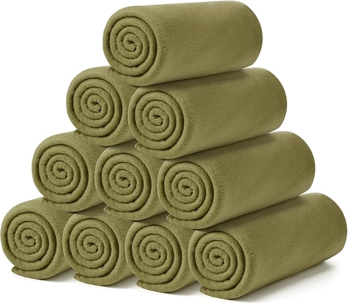 Buryeah 10 Pcs Fleece Blanket Bulk Soft Warm Blankets Cozy Fleece Lightweight Throw Blankets Plush Pet Throw Blanket for Home Bed Sofa Office Wedding Gifts Travel(50" X 60",Olive Green)