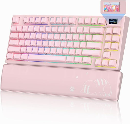 Womier 75% Pink Creamy Mechanical Keyboard Wireless with Color Multimedia Screen Gaming Keyboard, 3-Modes Hot Swappable Cute Key Board w/Wrist Rest, Gasket RGB Custom for Mac/Win (SK80 PRO)