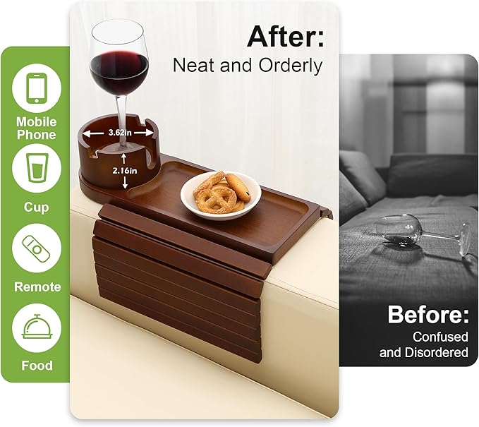 Couch Cup Holder,Bamboo Couch Arm Tray with 360° Rotating Cup Holder,Foldable Anti-Slip Sofa Arm Chair Tray for Eating Snack Drink Side Table