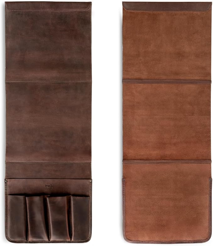 Hide & Drink, Magazine Holder for Sofa Armrest, Organizer Pouch, Armchair Caddy, Full Grain Leather, Handmade (Bourbon Brown)