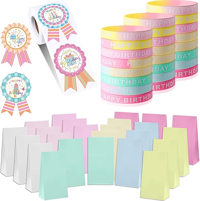 Leinuosen 248 Pcs School Supplies for Kids Classroom Include 200 Happy Birthday Badge Stickers Roll 24 Birthday Bracelets and 24 Rainbow Paper Gift Bag for Teacher Student Birthday Decor (Fresh Color)