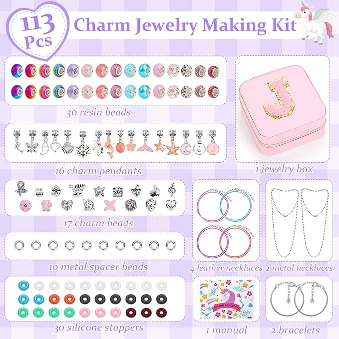 LifeisLuck Charm Jewelry Making Kit, DIY Bracelet Making for Girls, 110 Pcs Jewelry Beads for Girls Craft Gift with Jewelry Organizer Box for Girls Bracelet Maker (J)