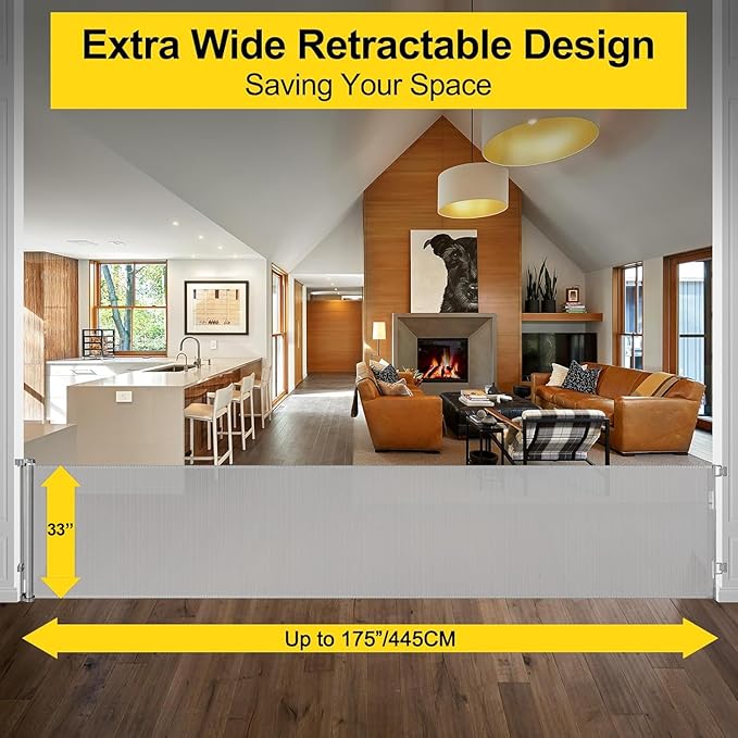 175 Inch Extra Wide Retractable Baby Gates for Large Openings, Extra Long Retractable Dog Gate for Doorways 33" Tall Mesh Pet Gate for Wide Openings Large Baby Gate for Indoor Outdoor (Light Gray)
