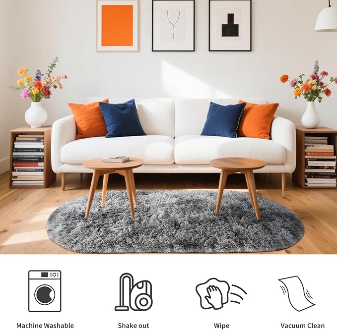 Noahas Oval Fluffy Grey Rainbow Rug 2.6X5.3 Small Kids Rugs for Bedroom Girls And Boys Aesthetic,Bedside Bedroom Rug,Ultra Soft Runner Carpet Modern Shaggy Nursery Area Rugs Home Deco