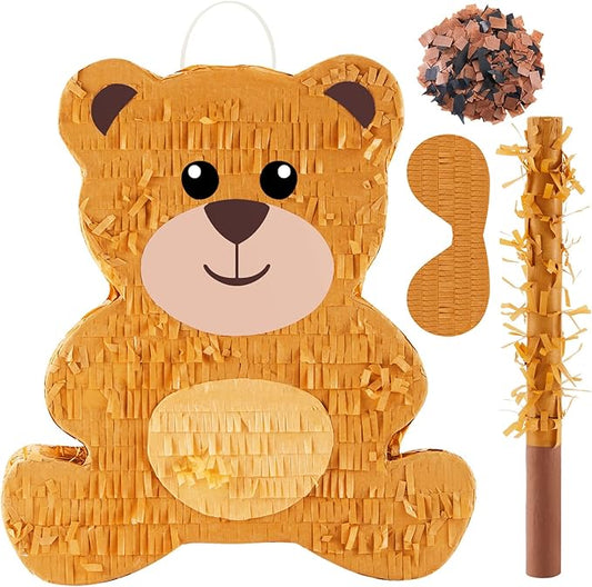 Lewtemi 14.5 Inch Bear Piñata Bear Themed Birthday Party Supplies Animal Piñata with Wood Bat Stick, Paper Blindfold and Confetti for Valentine's Day Baby Shower Party Decor Kid Adult Boy Girl