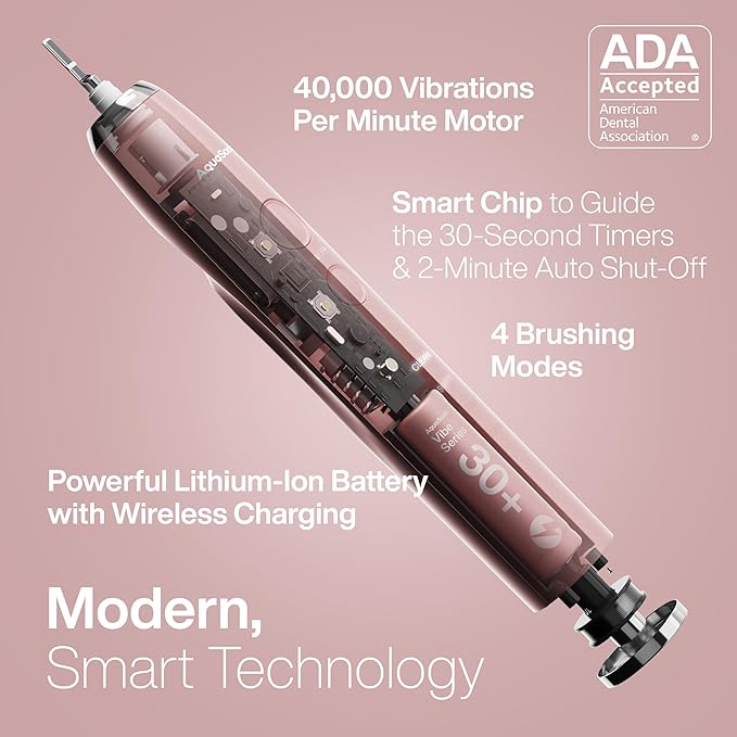 Aquasonic Vibe Series Ultra-Whitening Toothbrush – ADA Accepted Electric Toothbrush - 8 Brush Heads & Travel Case – 40,000 VPM Motor & Wireless Charging - 4 Modes w Smart Timer – Satin Rose Gold
