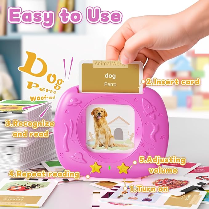 Toddlers Bilingual Spanish & English Talking Flash Cards with 288 Sight Words, Speech Therapy Toys for 3 4 5 6 Years Old Boys and Girls, Learning Educational Kids Gifts (Pink)