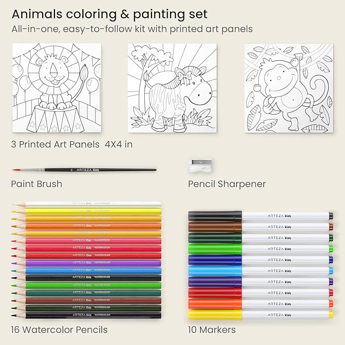 ARTEZA Kids Animals Coloring Kit, 3 Canvases 4 x 4 Inches, 10 Markers, 16 Watercolor Pencils, 1 Paint Brush, 1 Sharpener, Art Set for Kids Activities