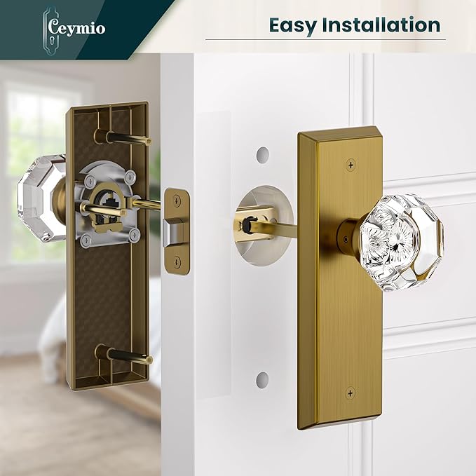 Glass Door Knobs for Interior Doors - Vintage Crystal Passage Closet & Hallway Door Knob - Diamond Cut Door Handle - Antique Brass Finish (1 Pack)