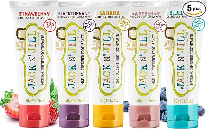 Jack N' Jill Natural Toddler Toothpaste for Baby, Kids and Infants 6 Months & Up, Fluoride Free Training Toothpaste for Toddlers 1-3 (1.76 Fl Oz (Pack of 5), Variety)