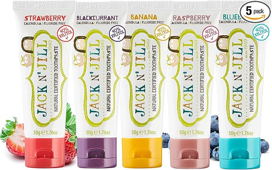Jack N' Jill Natural Toddler Toothpaste for Baby, Kids and Infants 6 Months & Up, Fluoride Free Training Toothpaste for Toddlers 1-3 (1.76 Fl Oz (Pack of 5), Variety)