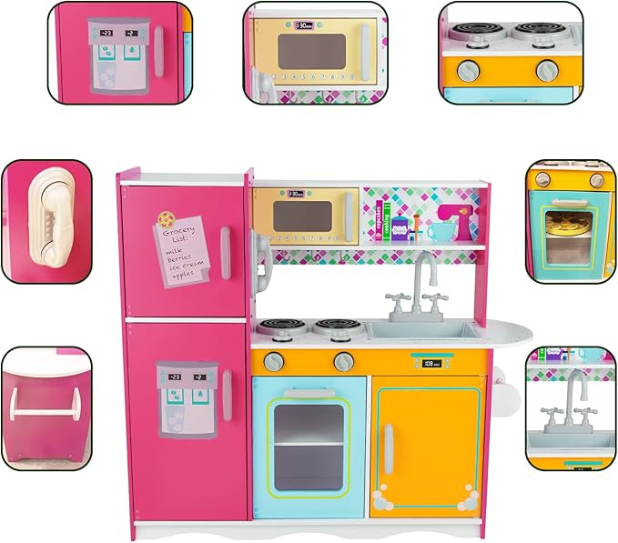 Kitchen Playset for Kids Ages 3-8, Wooden Pretend Play Kitchen, Including Telephone, Ice Maker, Refrigerator, Dimensions: 35” H x 31” W x 12” D (Colorful)