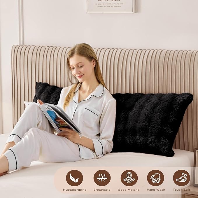 YZ HOME Faux Fur Fluffy Body Pillow for Adults - Firm Body Pillow Insert with Shredded Blue Memory Foam, Adjustable Height, Soft Support for Side Sleeping, Pregnant Women, Washable, 20x54 Inch (Black)