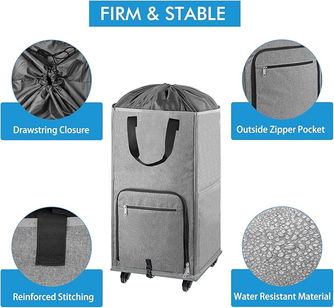 Laundry Hamper with Wheels, Bukere Large Rolling Laundry Basket with 4 Casters and 2 Handles, Collapsible Freestanding Wheeled Laundry Bag for Clothes, Laundry Room, Bathroom