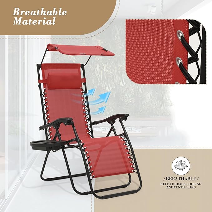 Athena Collection Zero Gravity Outdoor Lounge Chair Set of 2 with Canopy Shade, 25" Width Pool Lounge Lawn Chairs Reclining with Cup Holder, Outdoor Chaise for Beach Patio Outside, Dark Red