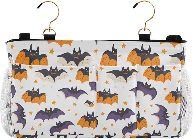 White Halloween Bats and Stars Bedside Caddy for Dorm Bed Bedside Hanging Caddy Bag Iron Frame Storage Organizer Pocket for Bunk Home College Hospital Beds 2 Hooks