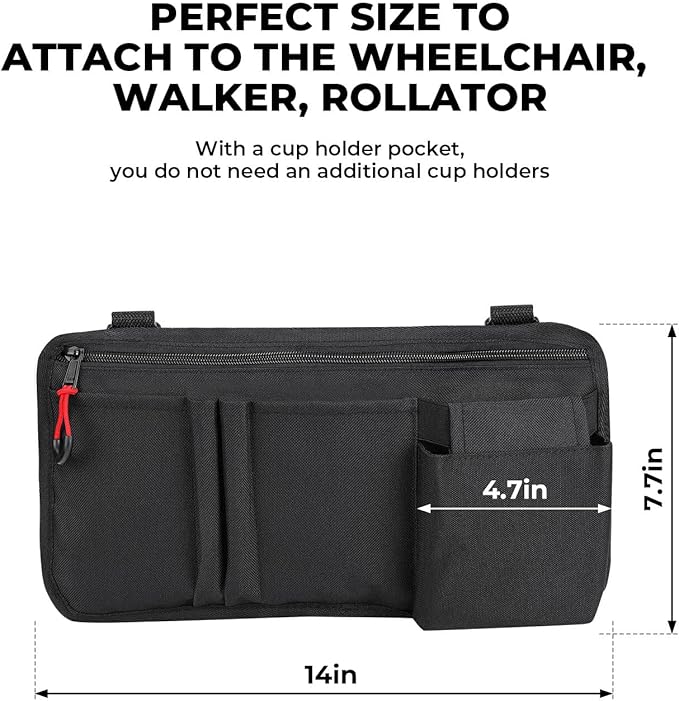 JOYTUTUS Walker Side Bag, Wheelchair Armrest Storage Pouch with Cup Holder, Wheelchair Accessories for Seniors, Walker Bag Cup Holder for Walker, Rollator, Electric Scooter or Wheelchair Black