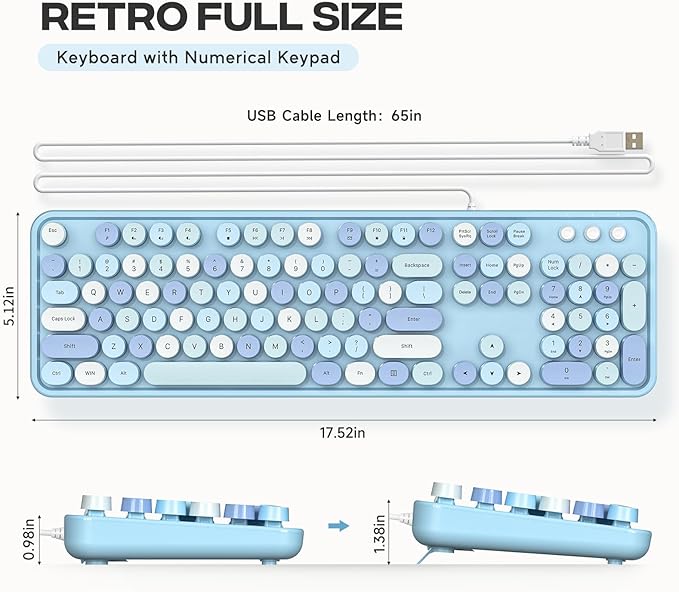 USB Wired Computer Keyboard - Retro Typewriter Keyboard - Full Size Office Keyboard with Number Pad, Caps Indicators, Foldable Stands, for PC Laptop Desktop Windows (Blue Colorful)