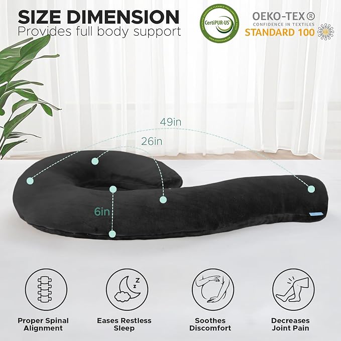Body Pillow for Adults - Soft Long Bed Pillows Insert for Sleeping - Shredded Memory Foam and Removable Washable Cover - Swan Shaped Side Sleeper Pregnancy Pillow 49 Inch (Black)