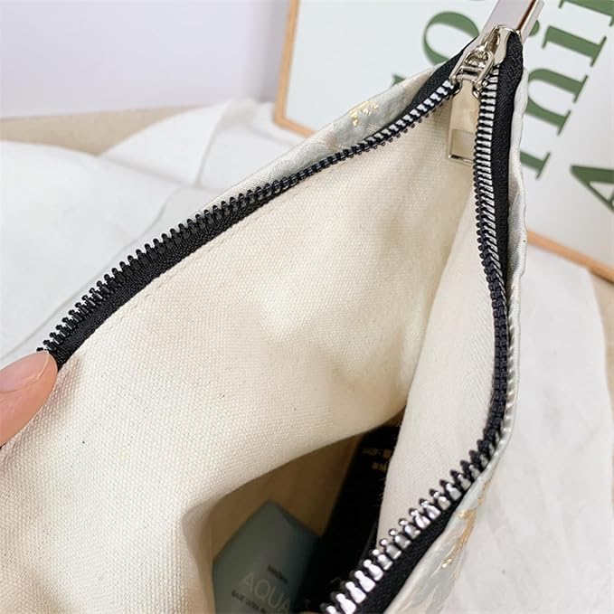 HAPPYHEIDI Aesthetic Floral Makeup Bag Cosmetic Travel Zipper Pouch,Purse Make Up Organizer, Textured Fabric,Canvas Lined,Beige Golden,Large