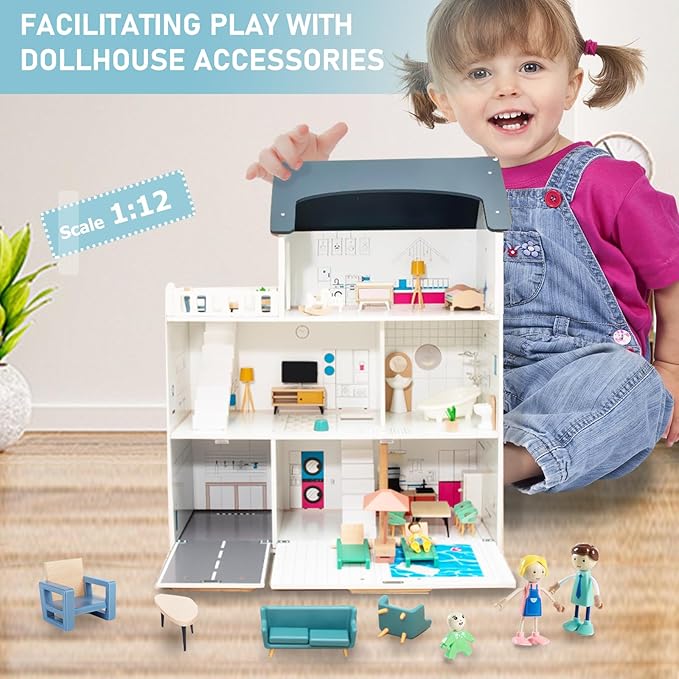 43PCS Wooden Dollhouse Furniture Set for Kids Toddlers 3Y+,Wood and Plastic Blue Dollhouse Accessories, Pretend Play Furniture Toys Christmas Birthday Gift for Boys Girls