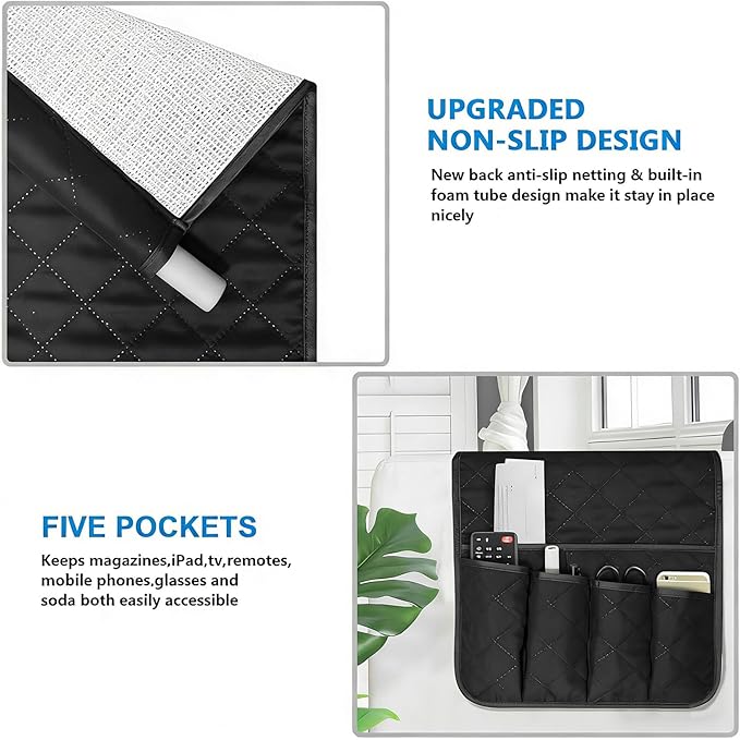 Sofa Armrest Organizer Non-Slip Arm Chair Bedside Caddy Storage Organizer for Recliner Couch with 5 Pockets for Cell Phone TV Remote Control Magazines (BLACK)