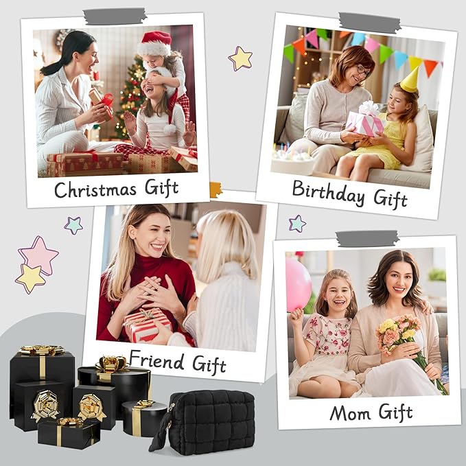 Puffer Quilted Makeup Bag Cosmetic Bags,Puffy Travel Toiletry Pouch for Women,Cute Checkered Zipper Bag Travel Essential,Portable Aesthetic Make up Organizer Bag for Gifts Work Daily(Black,S)