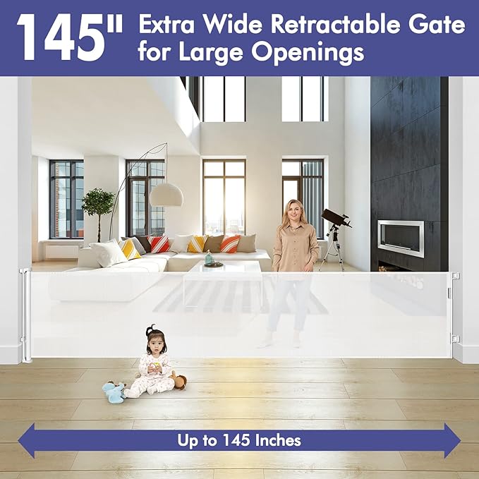 145 Inch Retractable Baby Gates Extra Wide Dog Gate for Extra Wide Openings Retractable Dog Gate Indoor Outdoor Retractable Gate Mesh Baby Gate Extra Long Baby Gate for Stairs, Doorways, White