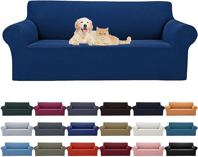 2025 New Stretch Sofa Slipcovers Couch Cover for 3 Cushion Furniture Protector Sofa Covers with Elastic Bottom Jacquard Fabric Small Checks for Pets, Kids -Sofa, Classic Blue