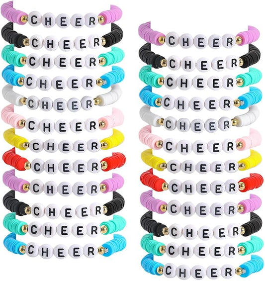 24 Pcs Cheerleader Gifts for Girls Handmade Friendship Bracelets for Teen Girls Stretch Cheer Bracelets Y2k Cheer Stuff Stackable Clay Bead Bracelets Bulk Teens Birthday Christmas Party Favors