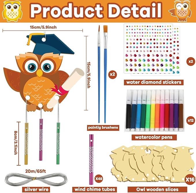 gisgfim 16 Pack Owl Wind Chime Kits Graduation Crafts for Kids Make Your Own Owl Wind Chime Wooden DIY Arts and Crafts for Graduation Party School Classroom Decorations Supplies Birthday Favors