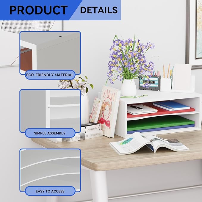 Wood Desktop Letter Tray File Organizer, Paper Storage Mail Sorter with Adjustable Drawer Boards for Home and Office, White