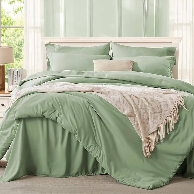 Anluoer Sage Green California King Comforter Set 7 Pieces, Bed in a Bag with Sheets, All Season Bedding Sets with 1 Comforter, 2 Pillow Shams, 2 Pillowcases, 1 Flat Sheet, 1 Fitted Sheet