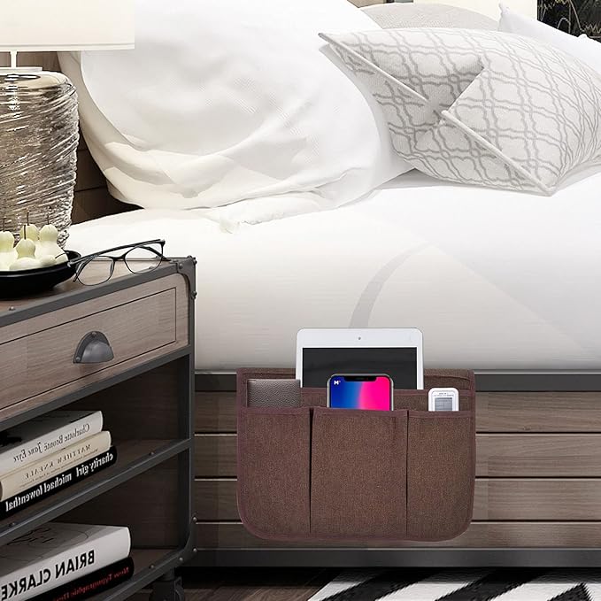 Bedside Caddy Bedside Storage Organizer Magazine Phone Tablet iPad Remote Holder, Organizer Caddy for Home College Dorm Bed, Sofa, Bunk Bed (Brown)