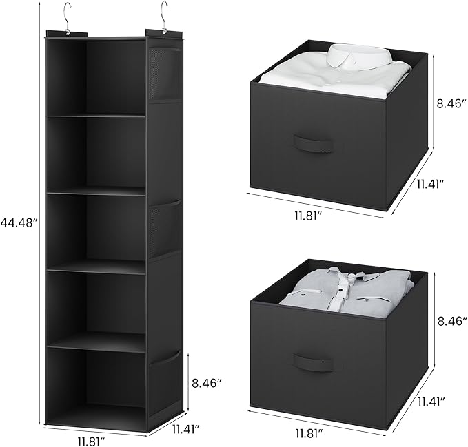YOUDENOVA Hanging Closet Organizer, 5 Tier Hanging Closet Shelves with Drawers and 6 Side Pockets, Black